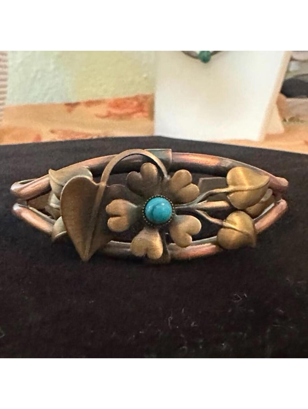 Genuine Copper Cuff Bracelet 2 Toned w/ Turquoise Center